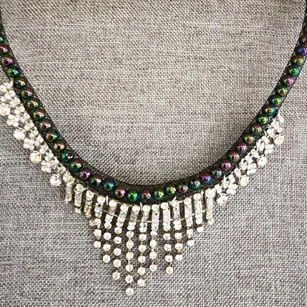 Rhinestone Cascade Fringe Black Iridescent Peacock Green Purple Bead Necklace